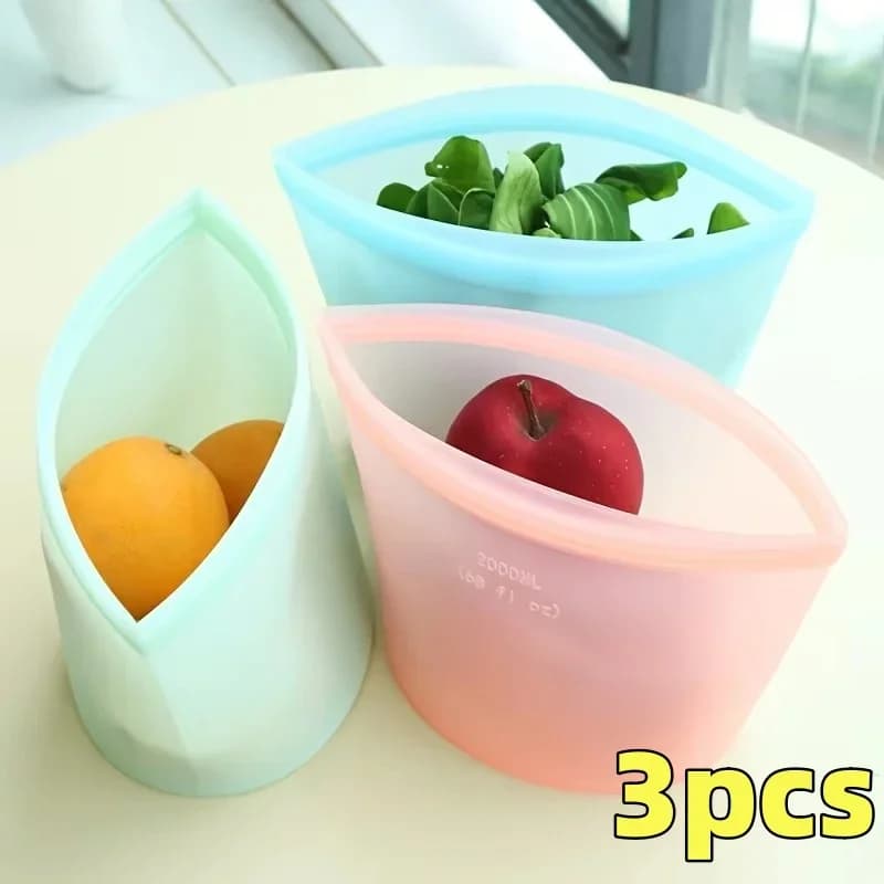 Set Beg Simpanan Makanan Silikon 1/3 Keping Kalis Bocor Boleh Diguna Semula untuk Peti Sejuk