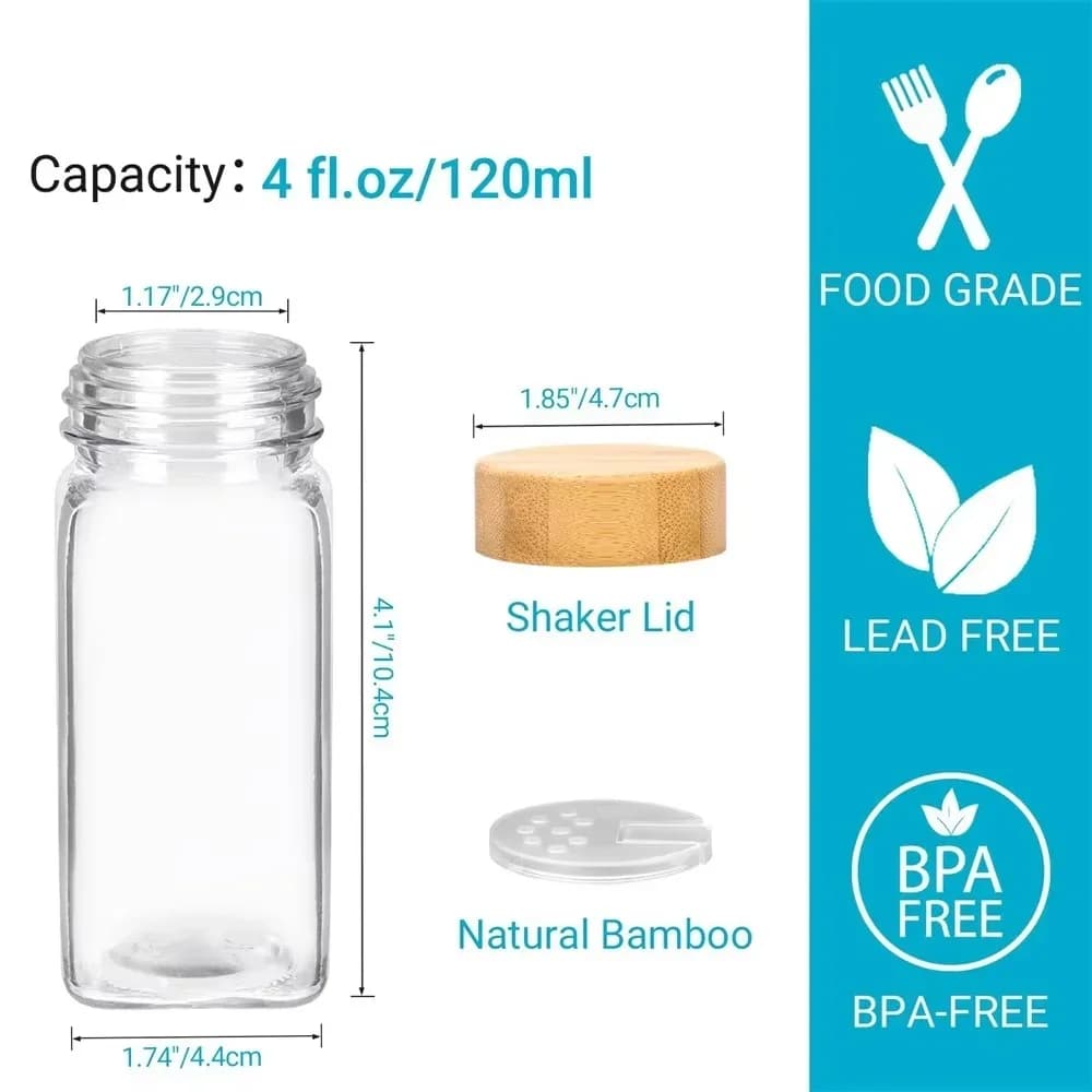 Set Balang Rempah Kaca 6/12/24 Unit dengan Penutup Buluh atau Logam, Pelekat Label dan Corong Boleh Lipat