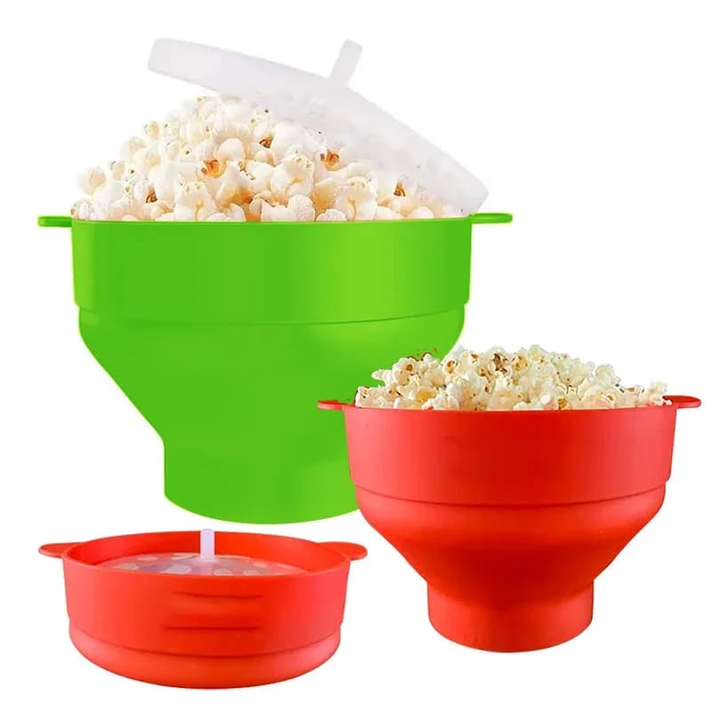Mangkuk Pembuat Popcorn Ketuhar Gelombang Mikro Silikon Boleh Lipat Bebas BPA dengan Penutup