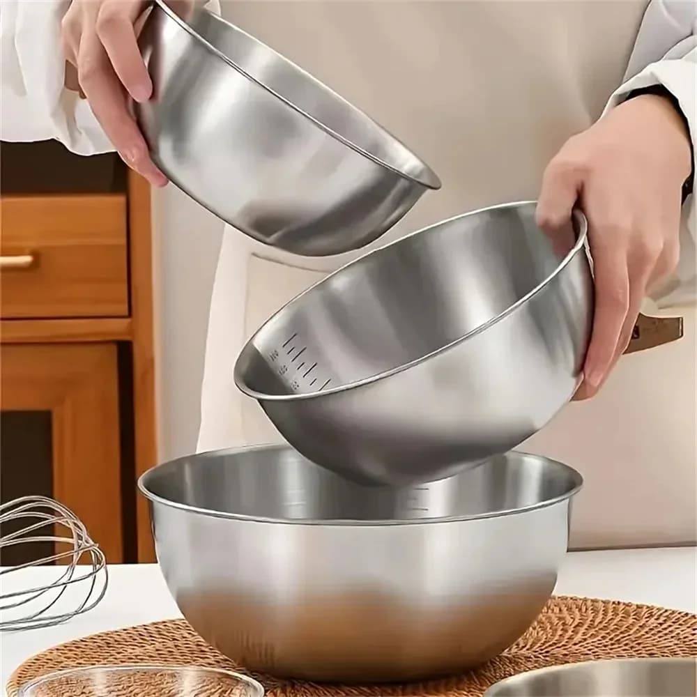 Set Mangkuk Keluli Tahan Karat 1-3 dengan Skala untuk Memasak, Membakar, Penyimpanan Makanan, Mangkuk Pengadun Kapasiti Besar untuk Keperluan Dapur