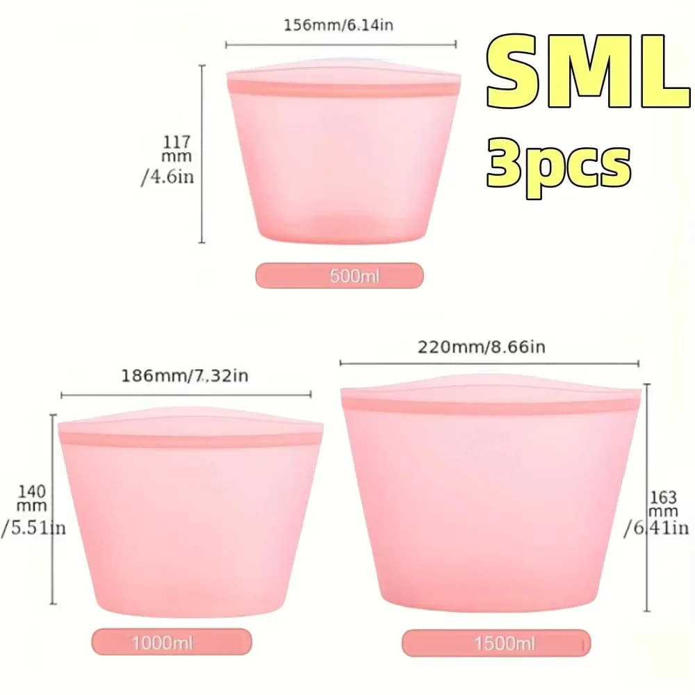 Set Beg Simpanan Makanan Silikon 1/3 Keping Kalis Bocor Boleh Diguna Semula untuk Peti Sejuk