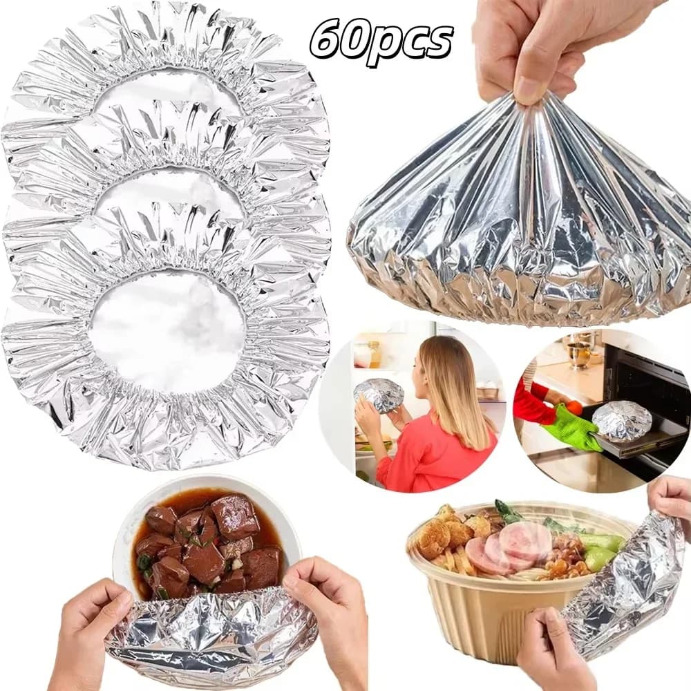 Penutup Mangkuk Kerajang Aluminium Boleh Diguna Semula 10-60 Keping, Penebat Haba Gred Makanan untuk Ketuhar Bungkus Berkelah