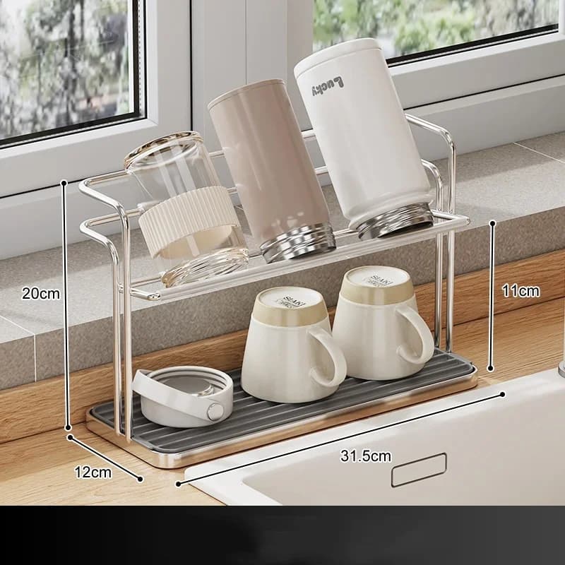 Rak Cawan Keluli Tahan Karat Dua Tingkat Dapur, Rak Cawan Gantung Terbalik dengan Dulang