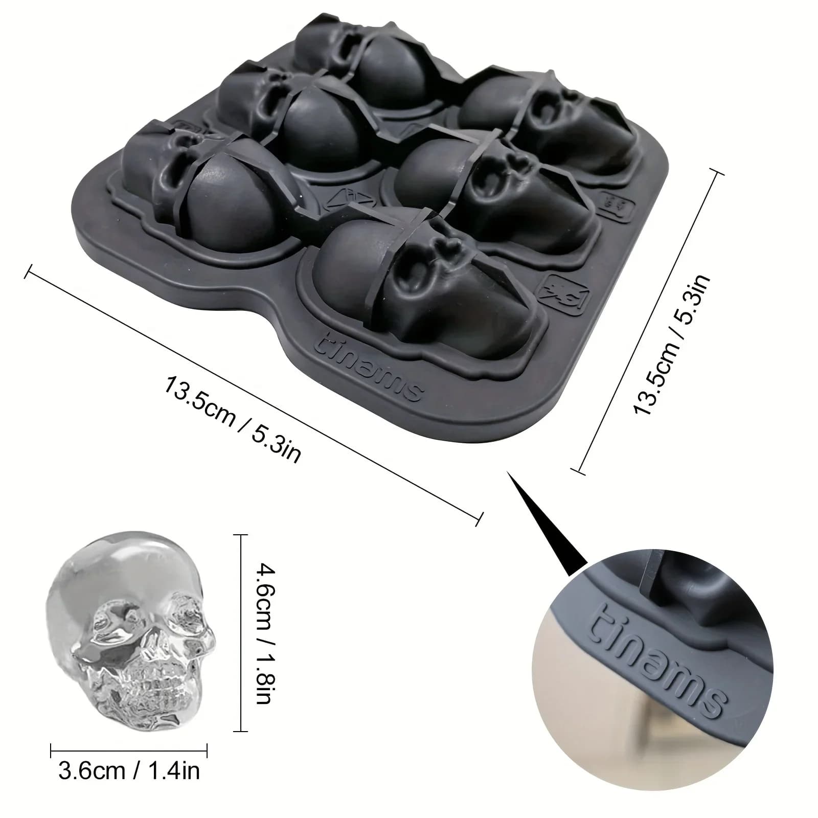 Acuan Bebola Ais Tengkorak Silikon 3D Fleksibel Dulang Kiub Ais Bebas BPA untuk Penyejuk Beku Pembuat Bebola Ais Koktel Kepala Tengkorak Seram