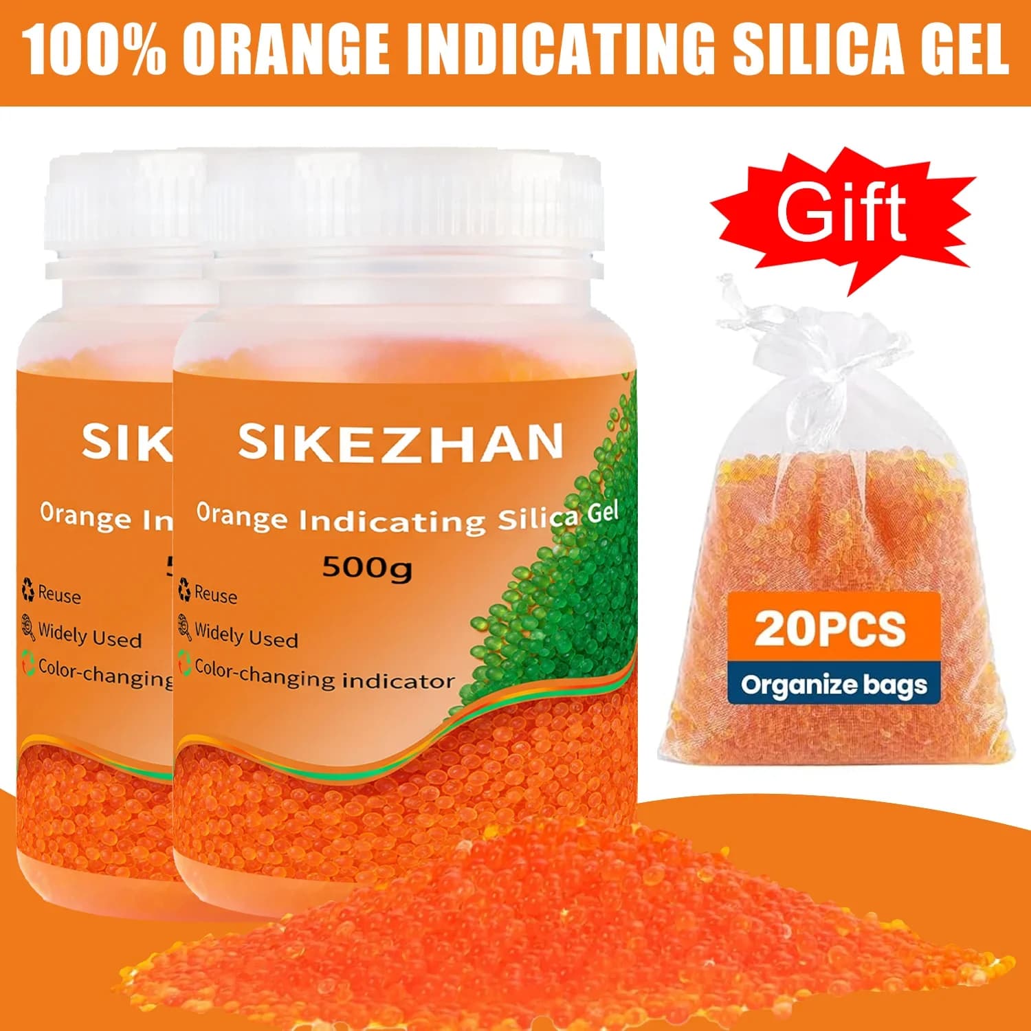 Bahan Pengering Gel Silika Berpenunjuk 1000g Biru/Oren Manik Penyerap Kelembapan Boleh Guna Semula dengan 20 Beg Kecil untuk Bekas Simpanan