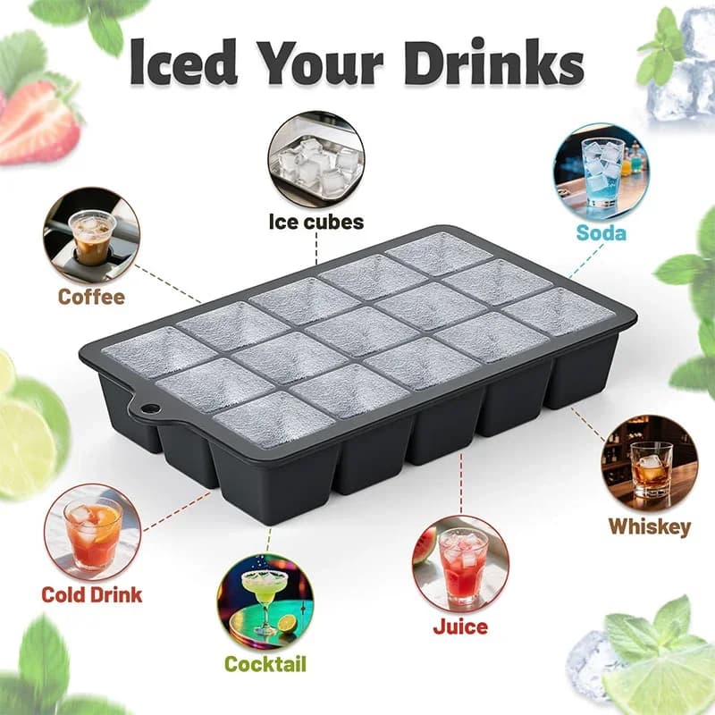 2 Keping Acuan Kiub Ais Berpenutup 15 Grid Silikon Boleh Diguna Semula untuk Minuman & Kopi