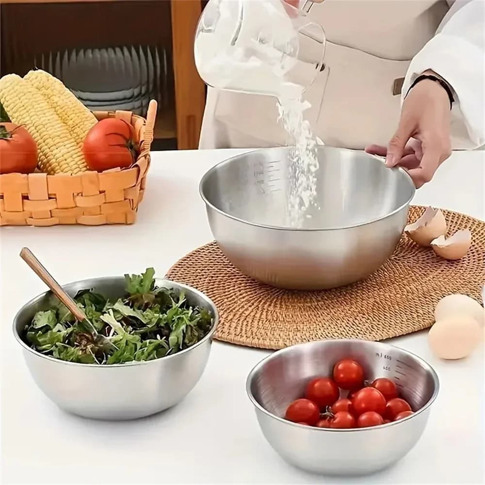 Set Mangkuk Keluli Tahan Karat 1-3 dengan Skala untuk Memasak, Membakar, Penyimpanan Makanan, Mangkuk Pengadun Kapasiti Besar untuk Keperluan Dapur