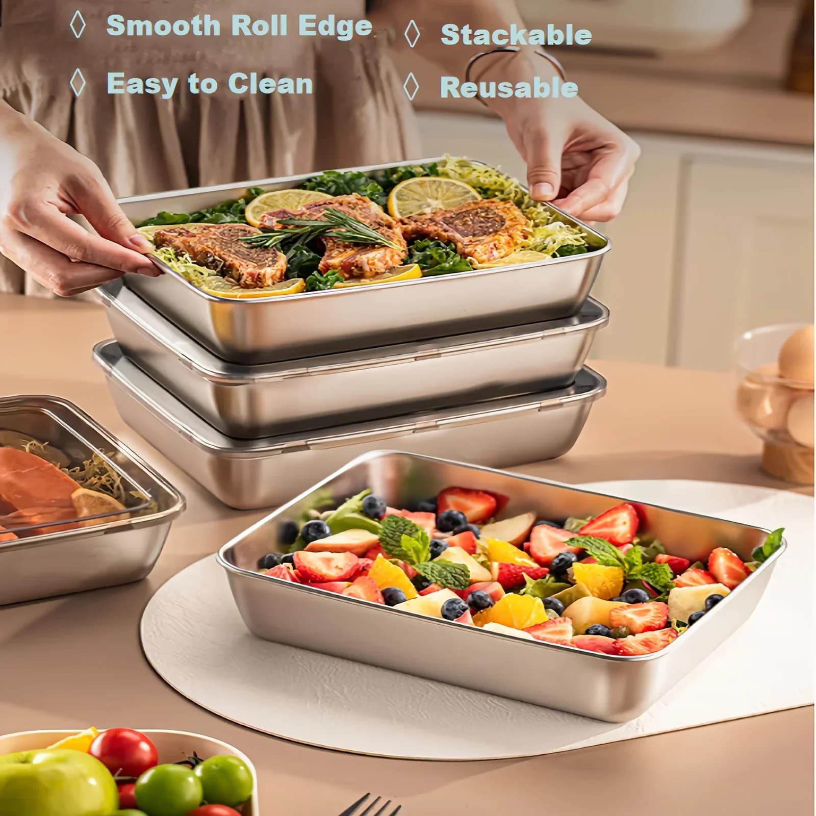 Set 3 Bekas Makanan & Kotak Bekal Keluli Tahan Karat, Kalis Bocor Boleh Ditindih untuk Perkhemahan