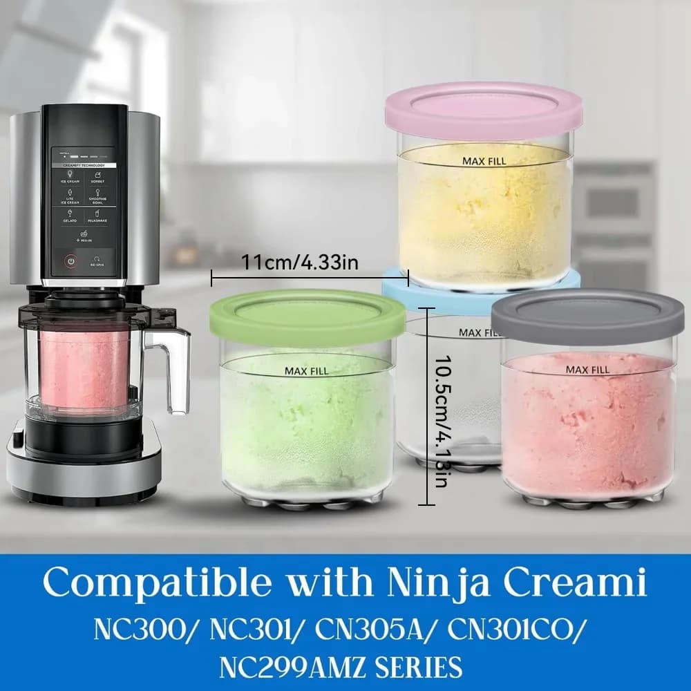 Bekas Aiskrim Creami Pint &amp; Penutup untuk Ninja - Set 4 Bekas, Serasi Smoothie