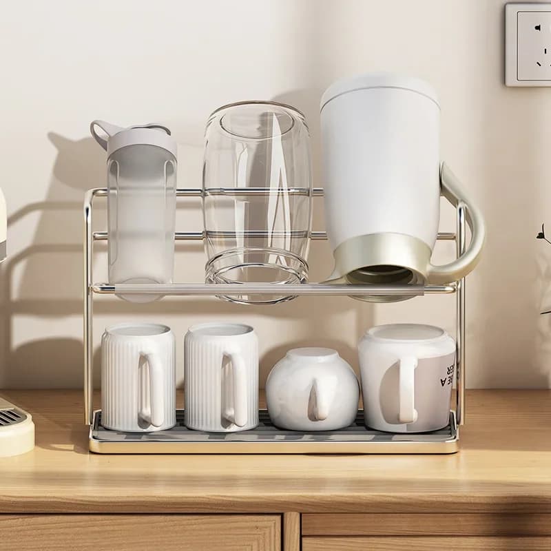 Rak Cawan Keluli Tahan Karat Dua Tingkat Dapur, Rak Cawan Gantung Terbalik dengan Dulang
