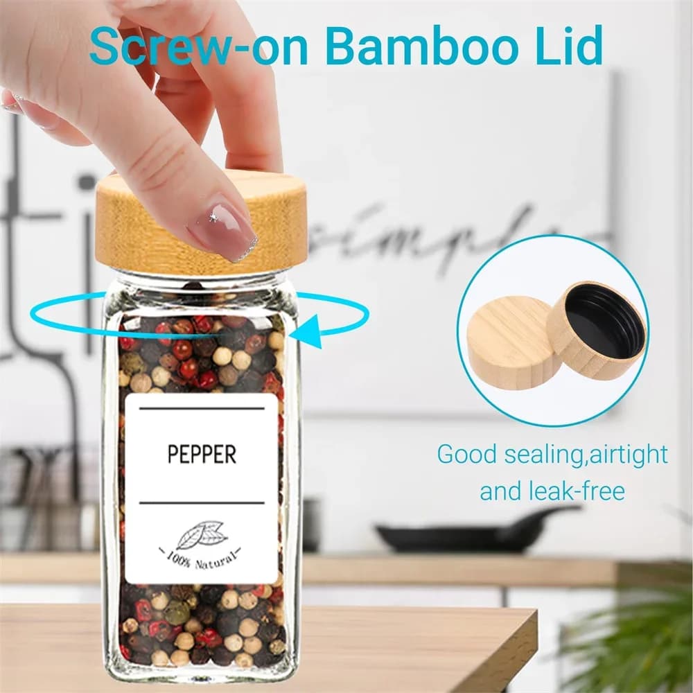 Set Balang Rempah Kaca 6/12/24 Unit dengan Penutup Buluh atau Logam, Pelekat Label dan Corong Boleh Lipat