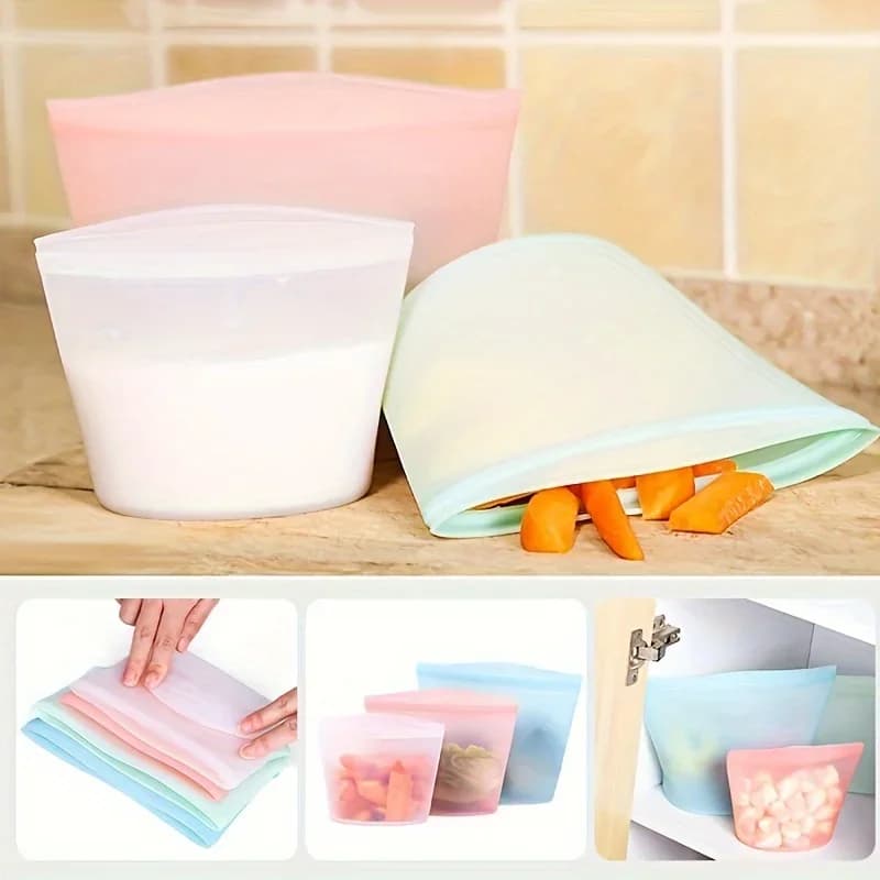 Set Beg Simpanan Makanan Silikon 1/3 Keping Kalis Bocor Boleh Diguna Semula untuk Peti Sejuk