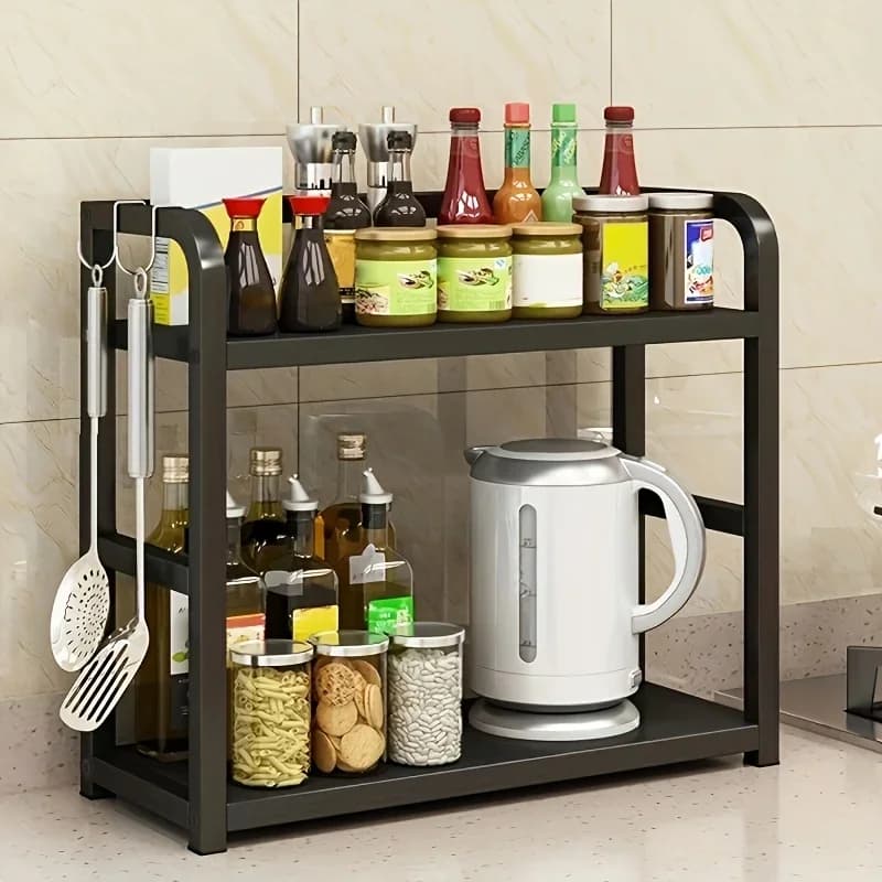 1 Unit Rak Kaunter Logam 2 Tingkat - Rak Dapur Kalis Karat Jimat Ruang untuk Kopi & Cawan