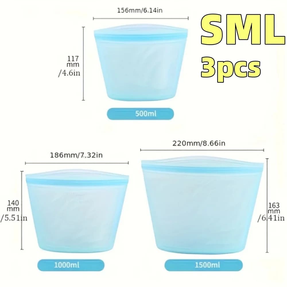 Set Beg Simpanan Makanan Silikon 1/3 Keping Kalis Bocor Boleh Diguna Semula untuk Peti Sejuk