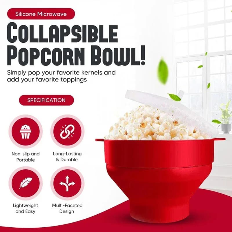 Mangkuk Pembuat Popcorn Ketuhar Gelombang Mikro Silikon Boleh Lipat Bebas BPA dengan Penutup