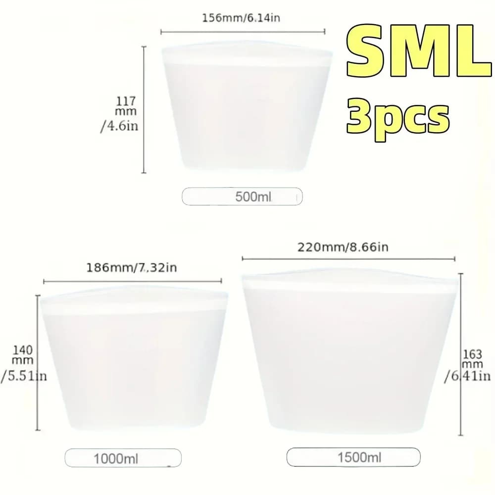 Set Beg Simpanan Makanan Silikon 1/3 Keping Kalis Bocor Boleh Diguna Semula untuk Peti Sejuk