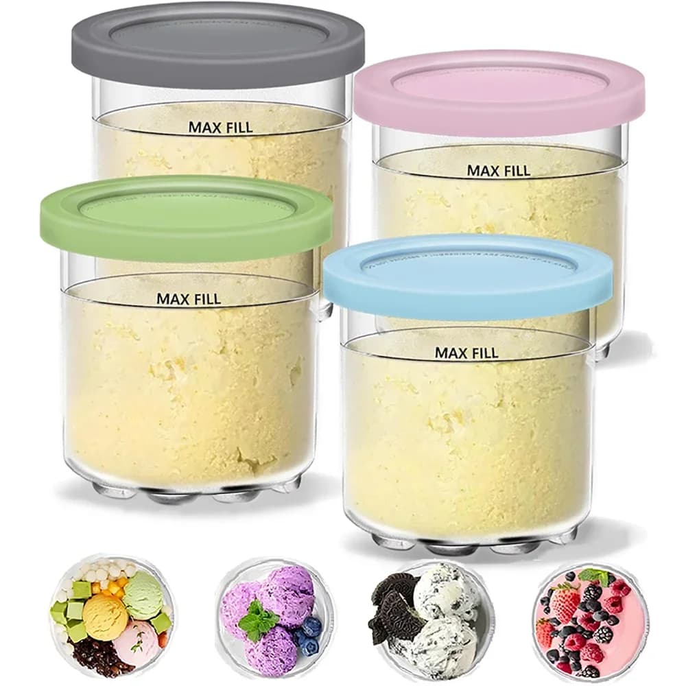 Bekas Aiskrim Creami Pint &amp; Penutup untuk Ninja - Set 4 Bekas, Serasi Smoothie