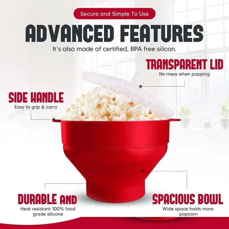 Mangkuk Pembuat Popcorn Ketuhar Gelombang Mikro Silikon Boleh Lipat Bebas BPA dengan Penutup