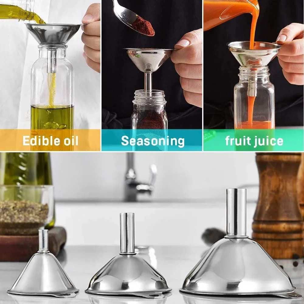Set 3/5 Pcs Corong Dapur Keluli Tahan Karat Gred Makanan Corong Logam untuk Botol Minyak Pati Rempah