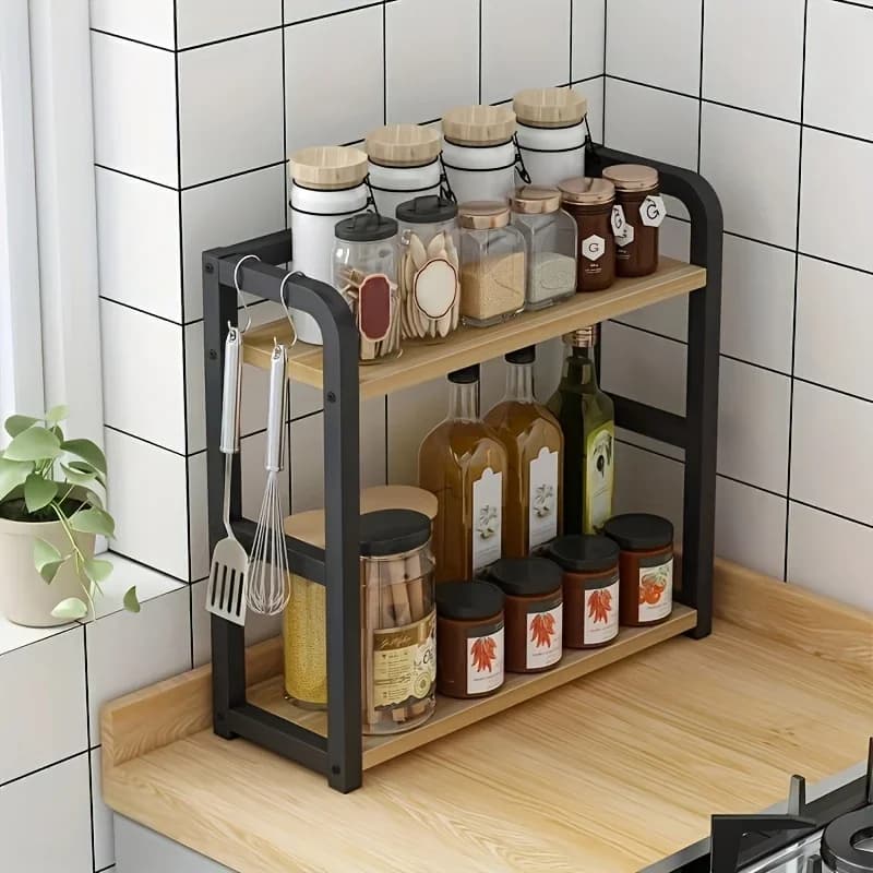 1 Unit Rak Kaunter Logam 2 Tingkat - Rak Dapur Kalis Karat Jimat Ruang untuk Kopi & Cawan