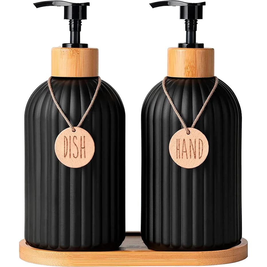 Set Botol Dispenser Sabun Pinggan Hitam Dapur dengan Tag Bekas Simpanan Sabun Tangan & Sabun Pinggan untuk Hiasan Rumah
