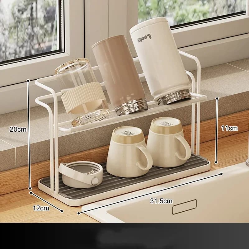 Rak Cawan Keluli Tahan Karat Dua Tingkat Dapur, Rak Cawan Gantung Terbalik dengan Dulang