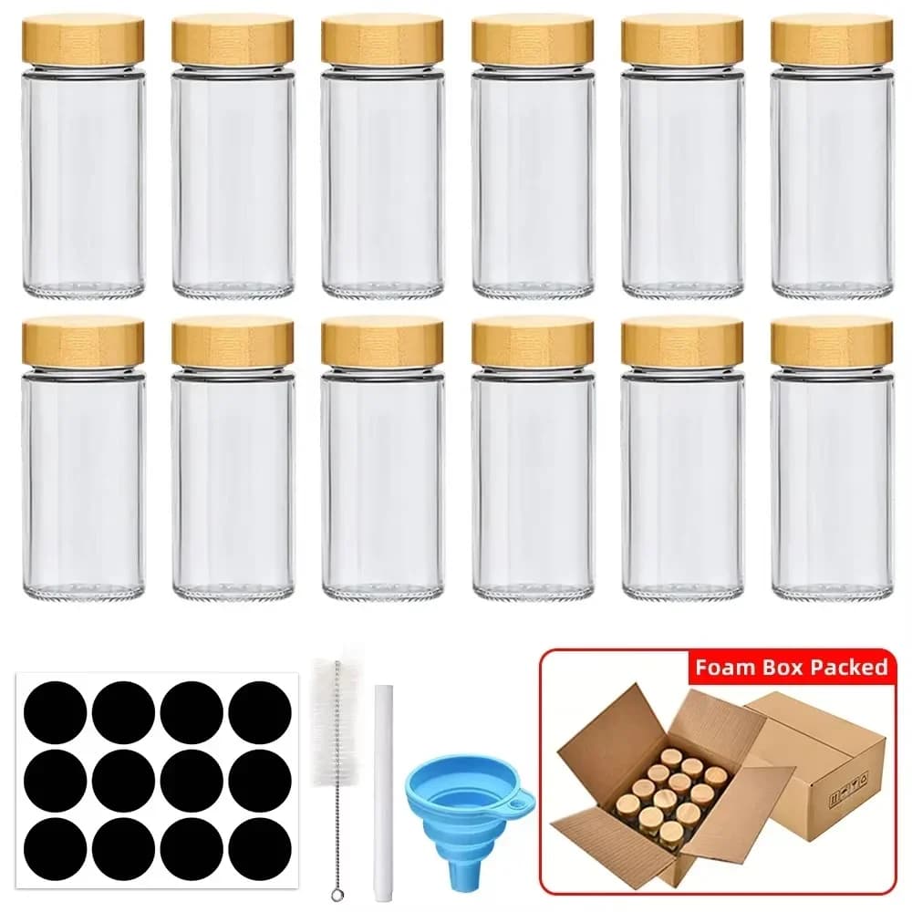Set Balang Rempah Kaca 6/12/24 Unit dengan Penutup Buluh atau Logam, Pelekat Label dan Corong Boleh Lipat