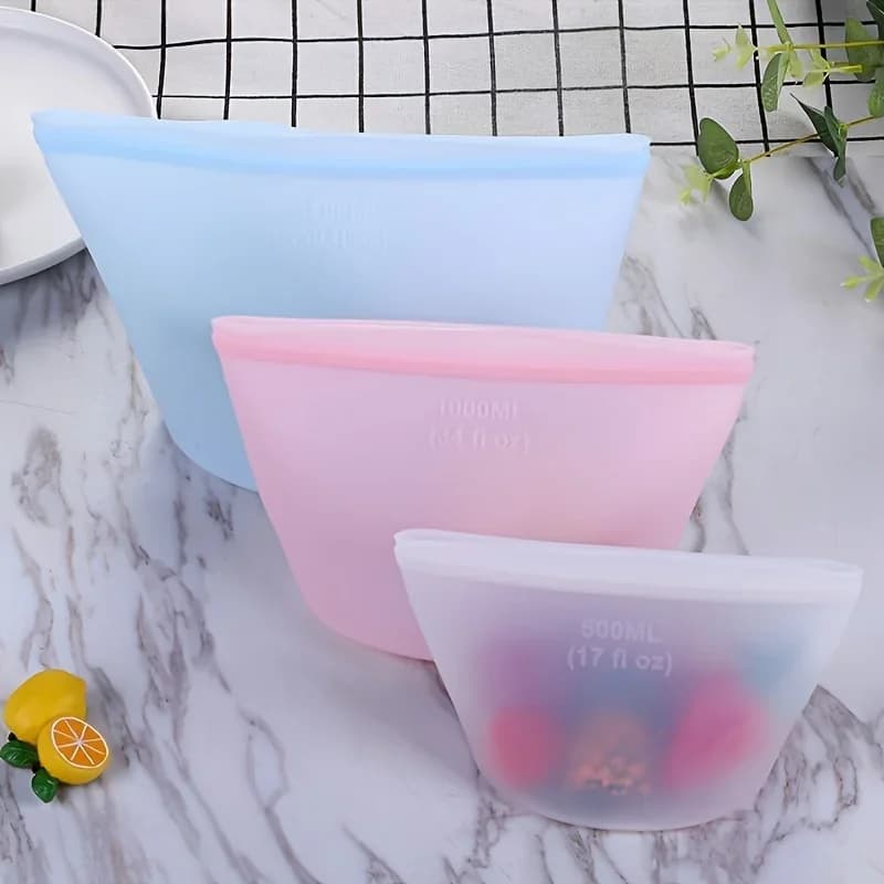 Set Beg Simpanan Makanan Silikon 1/3 Keping Kalis Bocor Boleh Diguna Semula untuk Peti Sejuk