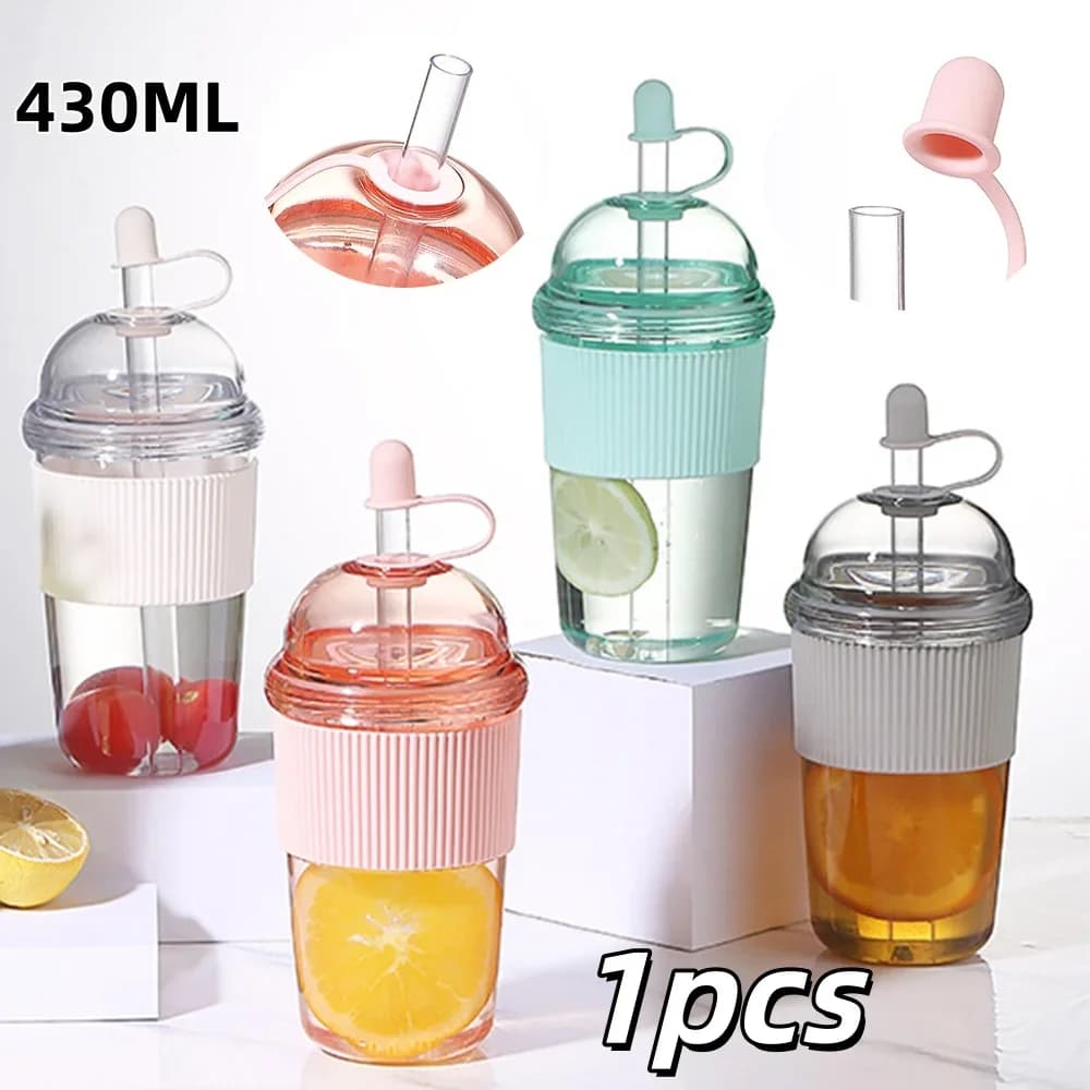 Cawan Straw Flip Mudah Alih 430ml 1pc Botol Air Plastik Gaya Ins Kapasiti Tinggi Cawan Jus Jeli Tahan Haba Teh Kopi Susu