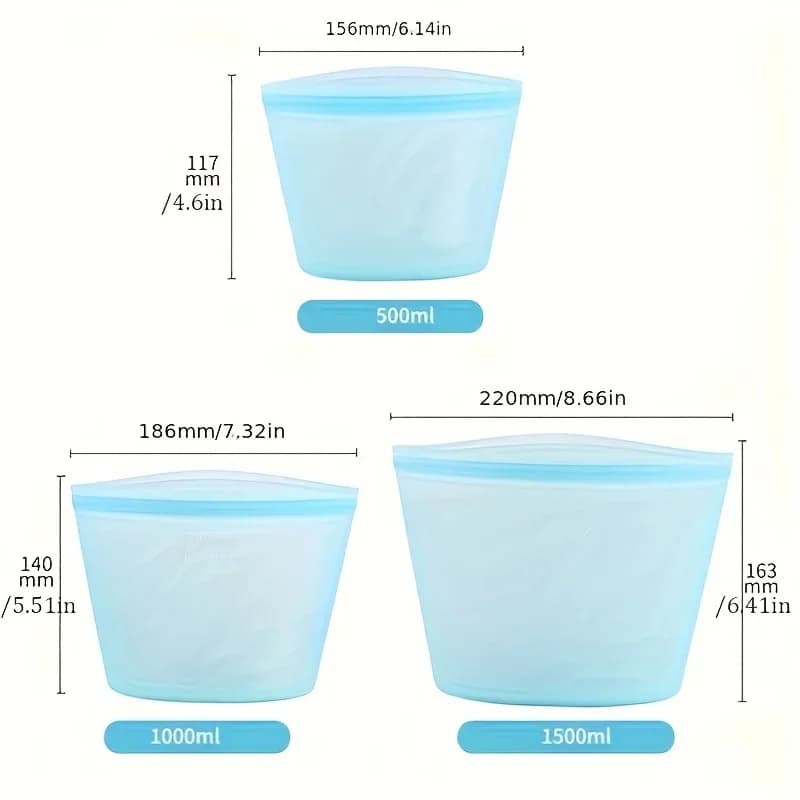 Set Beg Simpanan Makanan Silikon 1/3 Keping Kalis Bocor Boleh Diguna Semula untuk Peti Sejuk