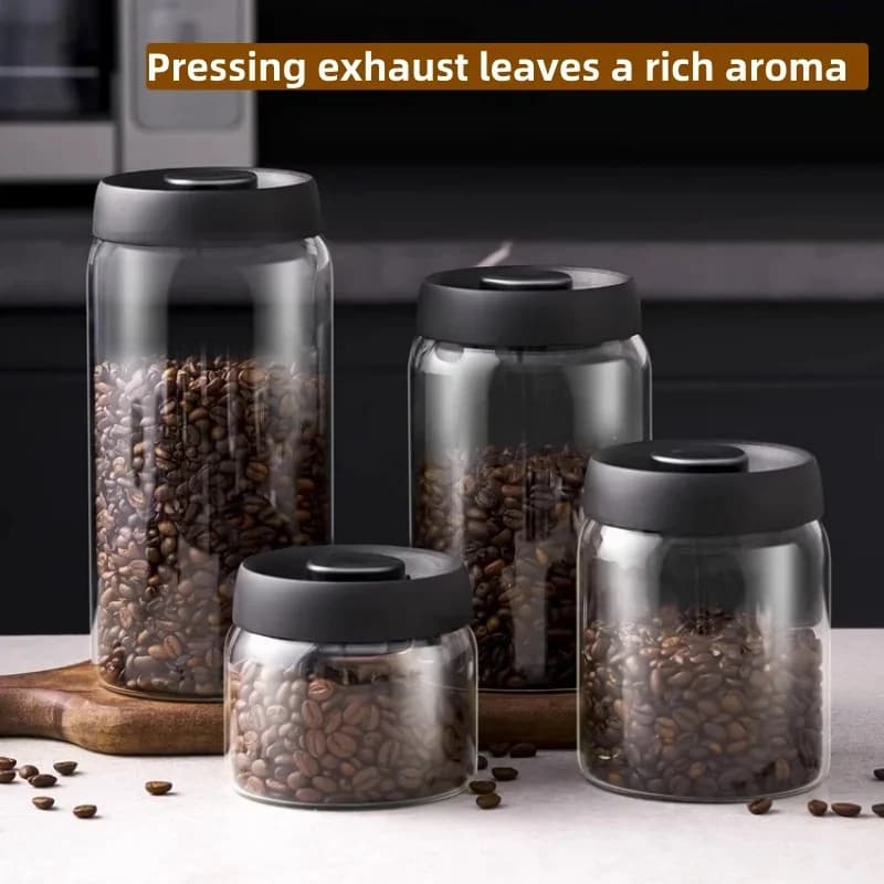 Balang Kaca Kedap Udara Penutup Hitam untuk Penyimpanan Biji Kopi dan Teh Kalis Lembap Pelbagai Kapasiti