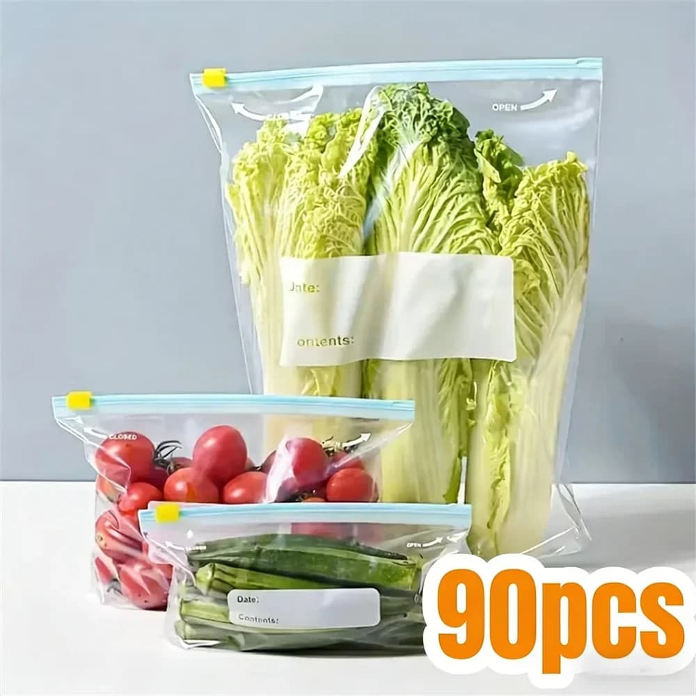 10-90 Keping Beg Simpanan Makanan Berzip Kedap Udara Kalis Bocor untuk Buah, Sayur & Daging Peti Sejuk Beku