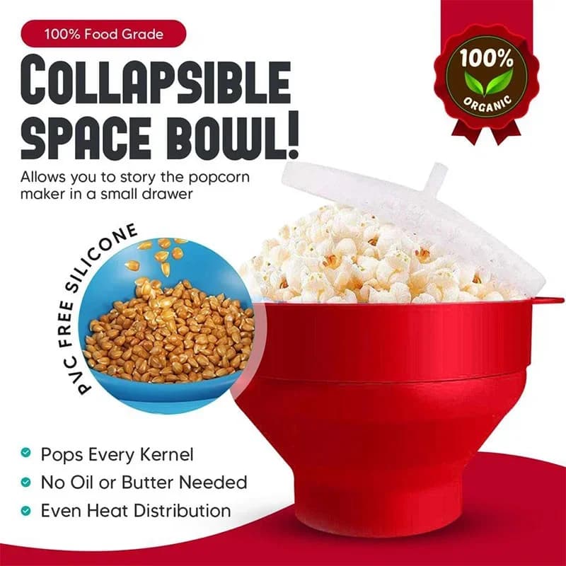 Mangkuk Pembuat Popcorn Ketuhar Gelombang Mikro Silikon Boleh Lipat Bebas BPA dengan Penutup