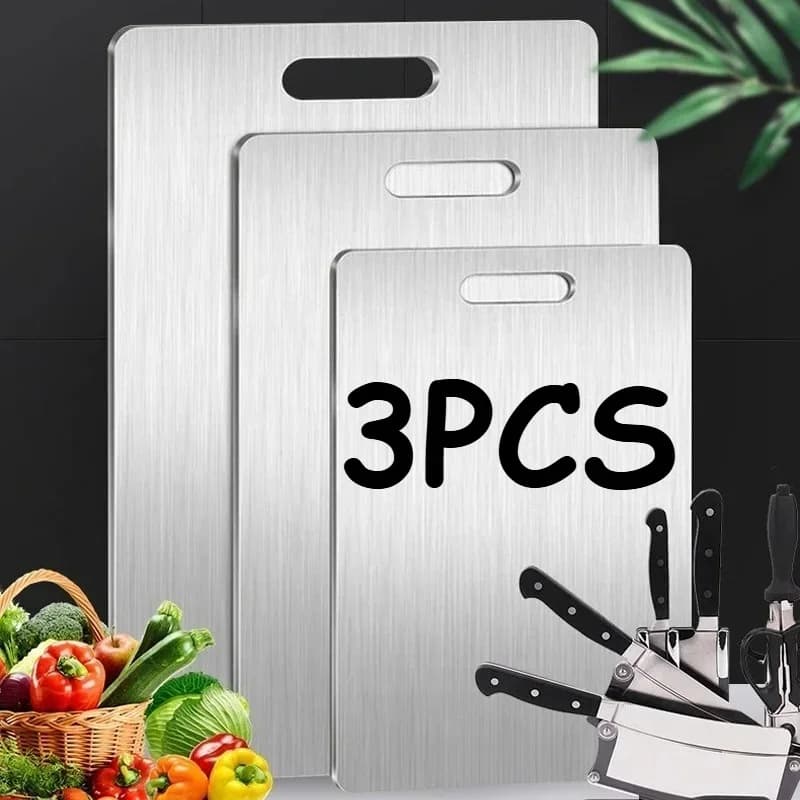 Set 3 Pcs Papan Pemotong Keluli Tahan Karat - Papan Pemotong Dua Muka Tahan Lasak